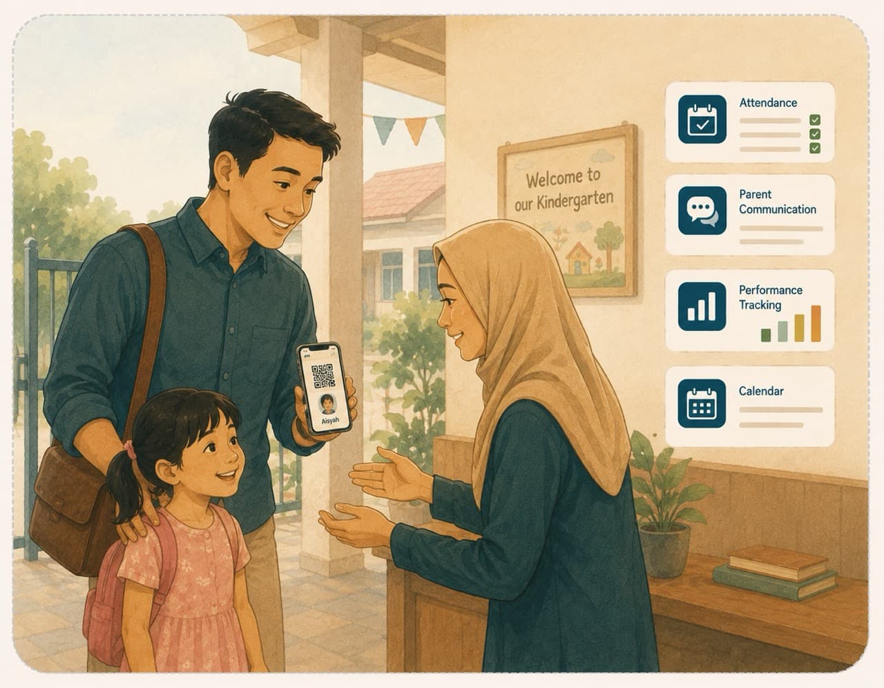 A parent and child checking in with a QR code at the kindergarten entrance, with attendance, parent communication, performance tracking, and calendar shown alongside