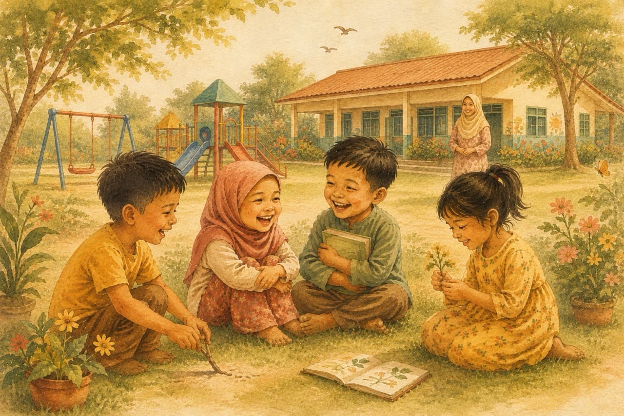 Children laughing together in a taska garden, storybook in hand